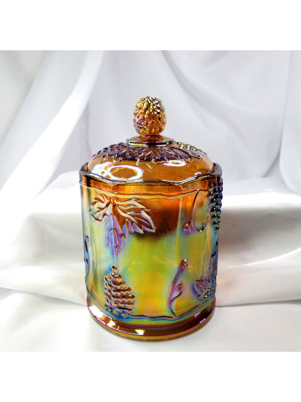 VTG Marigold Carnival Glass Canister Jar & Lid 7" Harvest Grape Indiana Glass - Picture 5 of 16